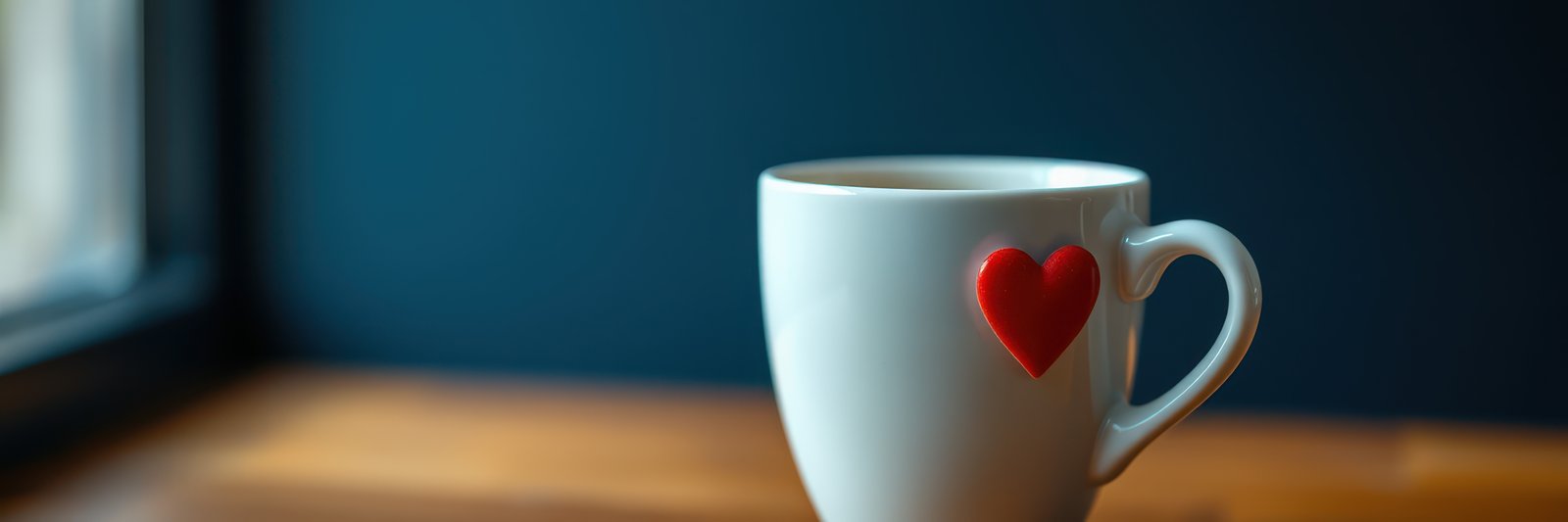 Coffee cup with heart decoration placed on a wooden table by a window during a cozy afternoon